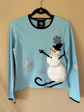 Vintage Michael Simon Light Blue Snowman Christmas Applique Long Sleeve Top M